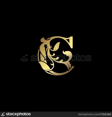 Floral Gold C Luxury Letter Logo Design, Elegance Alphabet Vector Nature Leaf Style.