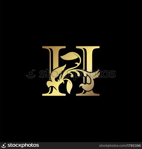 Floral Gold H Luxury Letter Logo Design, Elegance Alphabet Vector Nature Leaf Style.