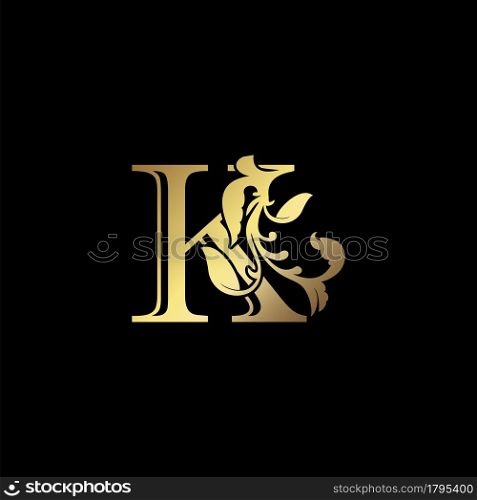 Floral Gold K Luxury Letter Logo Design, Elegance Alphabet Vector Nature Leaf Style.