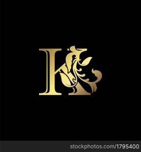 Floral Gold K Luxury Letter Logo Design, Elegance Alphabet Vector Nature Leaf Style.