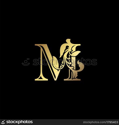 Floral Gold M Luxury Letter Logo Design, Elegance Alphabet Vector Nature Leaf Style.