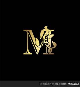 Floral Gold M Luxury Letter Logo Design, Elegance Alphabet Vector Nature Leaf Style.