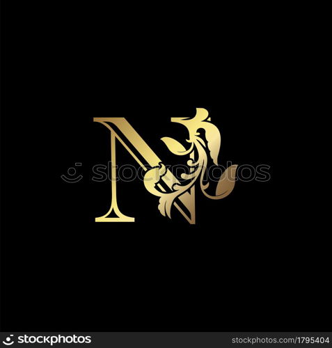 Floral Gold N Luxury Letter Logo Design, Elegance Alphabet Vector Nature Leaf Style.
