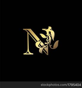 Floral Gold N Luxury Letter Logo Design, Elegance Alphabet Vector Nature Leaf Style.