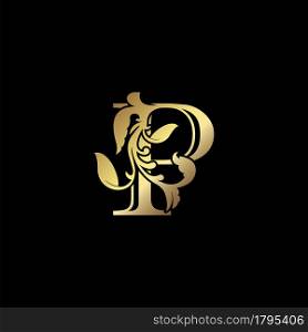 Floral Gold P Luxury Letter Logo Design, Elegance Alphabet Vector Nature Leaf Style.