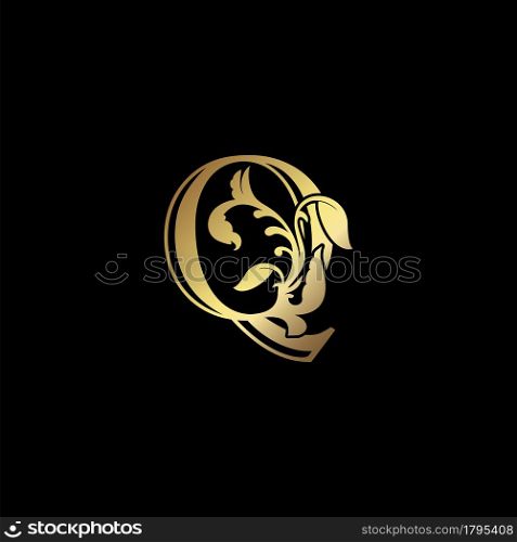 Floral Gold Q Luxury Letter Logo Design, Elegance Alphabet Vector Nature Leaf Style.