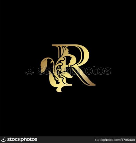 Floral Gold R Luxury Letter Logo Design, Elegance Alphabet Vector Nature Leaf Style.