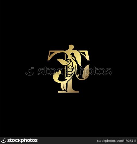 Floral Gold T Luxury Letter Logo Design, Elegance Alphabet Vector Nature Leaf Style.