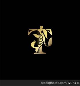 Floral Gold T Luxury Letter Logo Design, Elegance Alphabet Vector Nature Leaf Style.