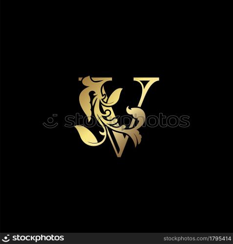 Floral Gold V Luxury Letter Logo Design, Elegance Alphabet Vector Nature Leaf Style.