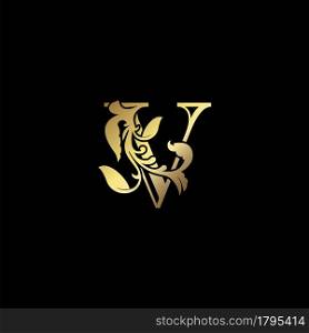 Floral Gold V Luxury Letter Logo Design, Elegance Alphabet Vector Nature Leaf Style.