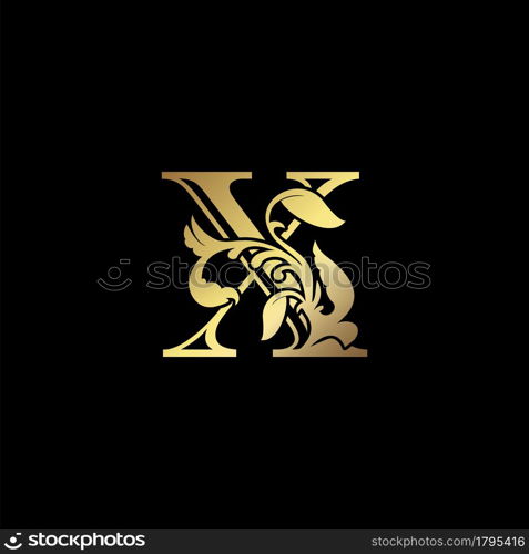 Floral Gold X Luxury Letter Logo Design, Elegance Alphabet Vector Nature Leaf Style.