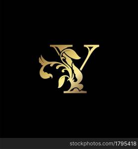 Floral Gold Y Luxury Letter Logo Design, Elegance Alphabet Vector Nature Leaf Style.