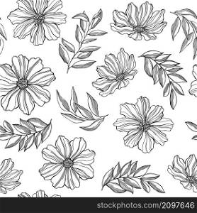 Floral graphic background. Vector seamless pattern with hand-drawn flowers and leaves. . Vector pattern with flowers and leaves.