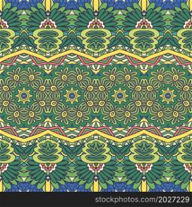 Floral green ethnic tribal festive pattern for fabric. Abstract geometric colorful seamless flower ornamental.. Geometric doodle colorful abstract decorative vector seamless ornamental pattern