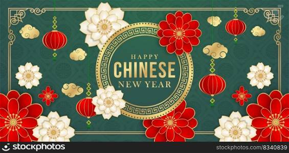 floral greeting card illustration of happy chinese new year, dark green background pattern oriental ornament, flower and lantern, applicable for banner, poster, invitation, promotion store, ecommerce