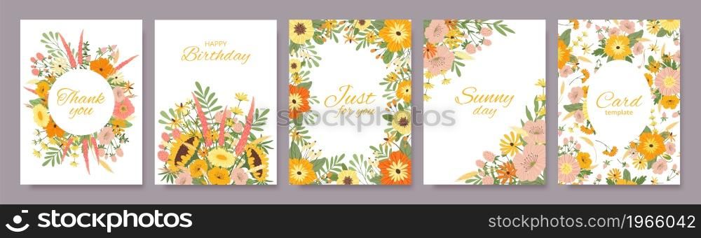 Floral greeting cards with spring blossom flowers, botanical pattern card. Wildflowers background birthday invite, poster template vector set. Bright blooming branches with leaves and text