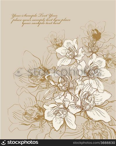 floral hand drawn background with blooming orchids