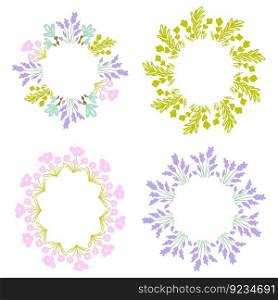 Floral hand drawn round frame template. Colorful botanical ornate with doodle wild flowers isolated on white background. Beautiful wreath for wedding invitation card design elements.