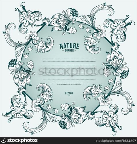 Floral hand drawn vector border. Nature elements and objects illustration. Frame design.. Floral hand drawn vector border