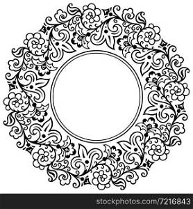 Floral hand drawn vector vintage border. Engraved nature elements and objects illustration. Round frame design.. Floral hand drawn vector vintage border.