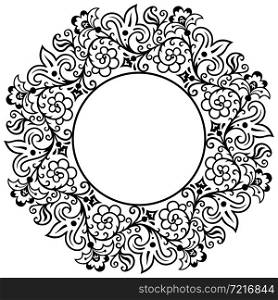 Floral hand drawn vector vintage border. Engraved nature elements and objects illustration. Round frame design.. Floral hand drawn vector vintage border.