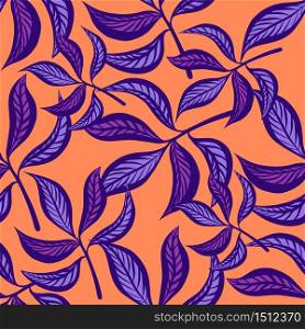 Floral hand drawn vintage seamless pattern with leaves. Fabulous lilac leaves on peachy background. Tropical seamless pattern with exotic vivid leaves. Exotic textile botanical design. Summer design. Vector illustration.. Floral hand drawn vintage seamless pattern with leaves. Fabulous lilac leaves on peachy background. Tropical seamless pattern with exotic vivid leaves. Exotic textile botanical design. Summer design.