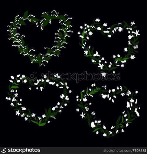 Floral heart frames and borders with white field flowers, roses, lilies of the valley, daisies and green herb twigs on dark background. Floral heart frames with white flowers