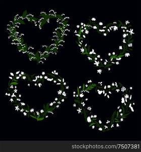 Floral heart frames and borders with white field flowers, roses, lilies of the valley, daisies and green herb twigs on dark background. Floral heart frames with white flowers