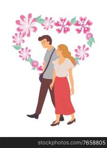 Floral heart shape vector, people cuddling isolated. Flat style couple man and woman spending time together flowers and petals tender love of pair. Man and Woman Happy Couple in Love Floral Heart