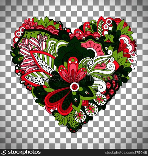 Floral heart shape with hand drawn doodle summer flowers vector isolated on transparent background. Floral heart shape with summer flowers