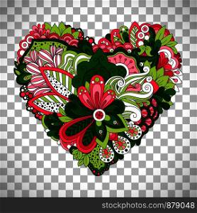 Floral heart shape with hand drawn doodle summer flowers vector isolated on transparent background. Floral heart shape with summer flowers