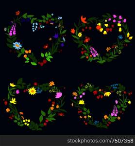Floral heart shaped frames with colorful wildflowers, blooming herbs, green twigs, cherry, strawberry and raspberry fruits. Floral hearts with flowers and herbs