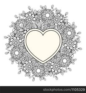 Floral heart. Valentines day adult coloring page. Vector illustration. Isolated on white background. Valentines day coloring page