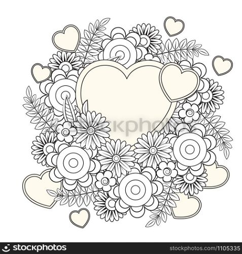 Floral heart. Valentines day adult coloring page. Vector illustration. Isolated on white background. Valentines day coloring page