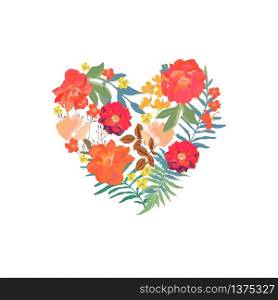 Floral heart with isolated hand drawn flowers. Design for cards, prints, invitations.. Floral heart with isolated hand drawn flowers. Design for cards,