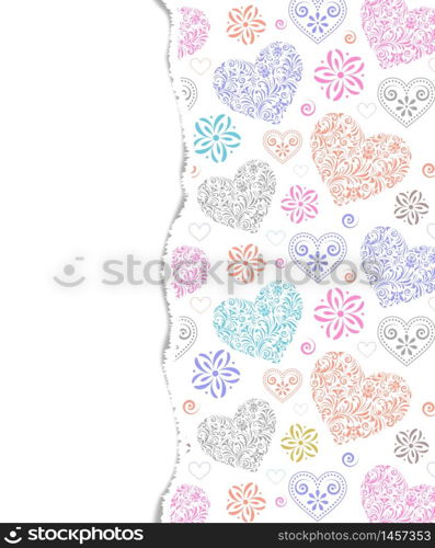 Floral hearts with ripped paper on white background.Vector illustration.. pattern with hearts