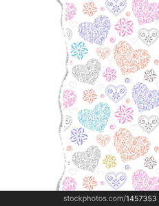 Floral hearts with ripped paper on white background.Vector illustration.. pattern with hearts