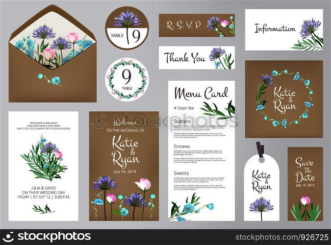 Floral invitation cards. Beautiful wedding love greeting beauty invited vector backgrounds. Floral design invitation wedding, table reserve and menu card illustration. Floral invitation cards. Beautiful wedding love greeting beauty invited vector backgrounds