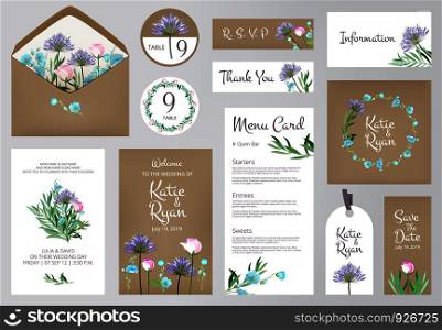 Floral invitation cards. Beautiful wedding love greeting beauty invited vector backgrounds. Floral design invitation wedding, table reserve and menu card illustration. Floral invitation cards. Beautiful wedding love greeting beauty invited vector backgrounds