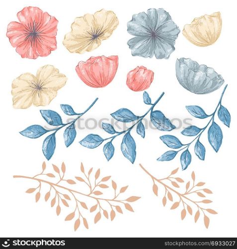 Floral isolated elements. Vector floral isolated set. Colorful hand drawn flower collection with leaves and flowers for your compositions.