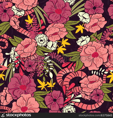 Floral jungle with snakes seamless pattern, tropical flowers and leaves, botanical hand drawn vibrant vector illustration