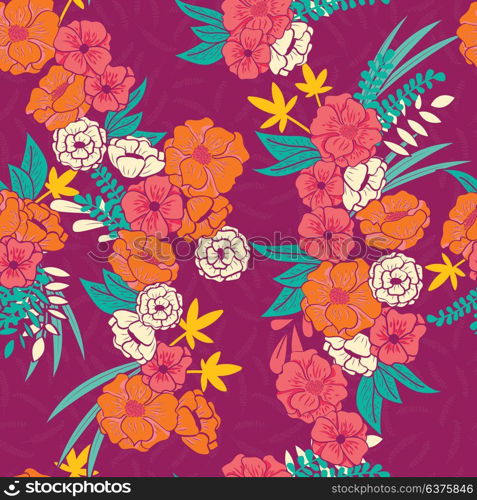 Floral jungle with snakes seamless pattern, tropical flowers and leaves, botanical hand drawn vibrant vector illustration