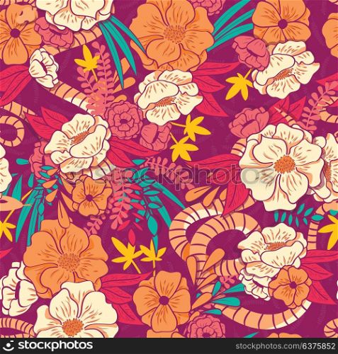 Floral jungle with snakes seamless pattern, tropical flowers and leaves, botanical hand drawn vibrant vector illustration