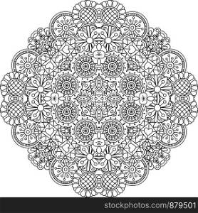 Floral lace style black and white linear round decorative element. Vector illustration. Floral lace style round decorative element
