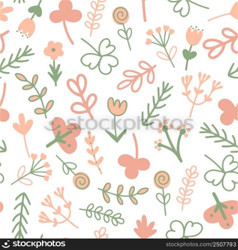 Floral leafy summer seamless pattern. Flowers and herbs background. Flowering template with greenery. Model for fabric, textile, packaging and design vector illustration. Floral leafy summer seamless pattern