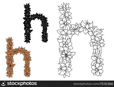 Floral letter h in lowercase font, composed of outline spring flowers and leafy branches in colorless, brown and black variations