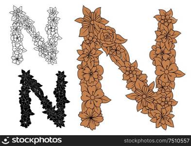 Floral letter N in uppercase font with brown vintage flowers and lush foliage with outline colorless and black variations. Floral letter N with brown flower elements