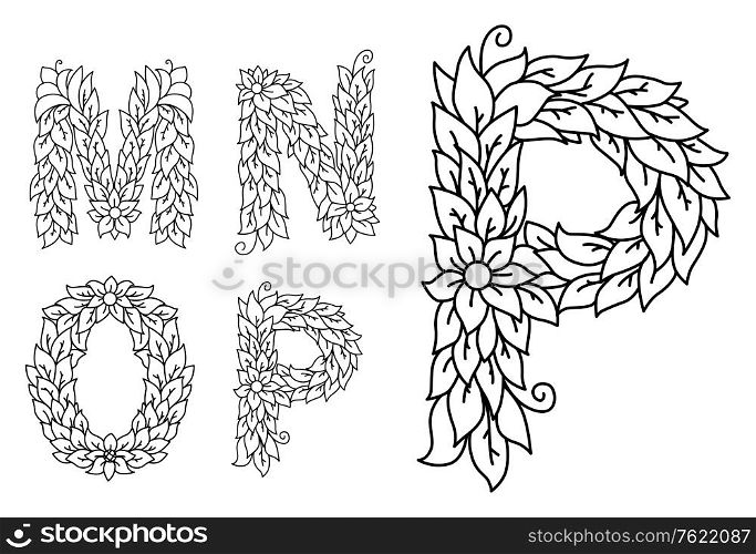 Floral letters M, N, O and P isolated on white background