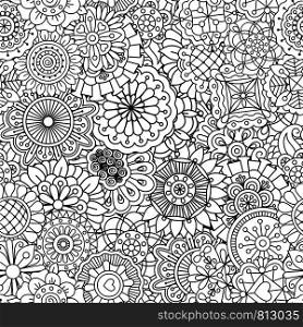 Floral linear pattern with round mandala style flowers. Vector illustration. Pattern with round mandala style flowers